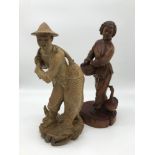 2 Antique Chinese hand carved figures of a fisherman & lady carrying a basket, Both have glass