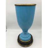 Victorian blue glass & ceramic base paraffin lamp holder. Stands 34.5cm in height.