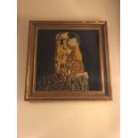 Large antique cloisonne piece of art in the style of Gustav Klimt "The Kiss" Fitted within a gilt