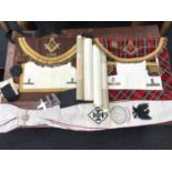 A Collection of masonic aprons, sash and various certificates, Comes with carry case. 1295 apron,