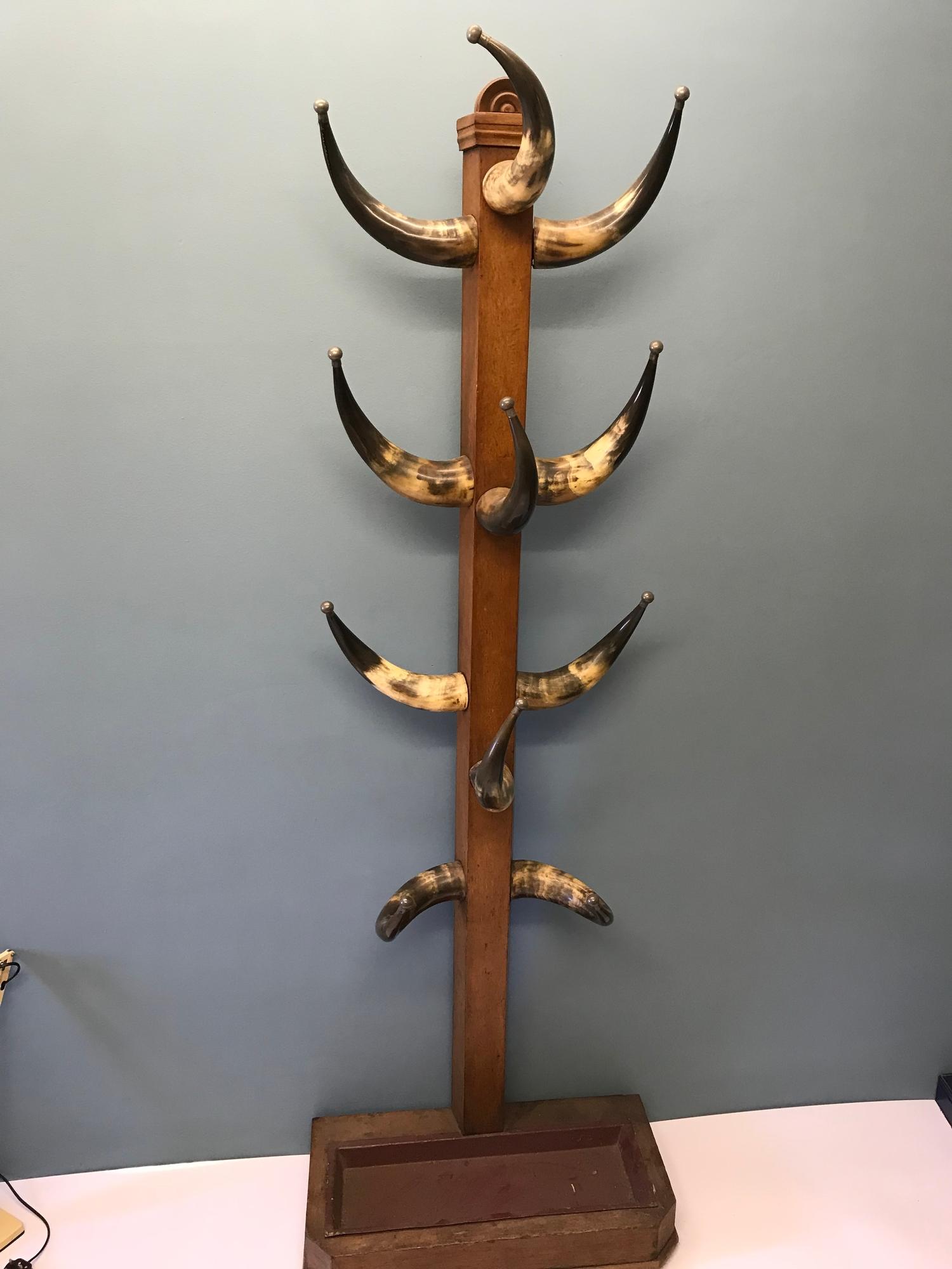 Victorian bull horn hat/ coat stand. The horns have pewter ball ends to the horn points.