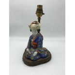 Asian hand painted geisha figure sitting, table lamp. Sat upon a hard wood base.