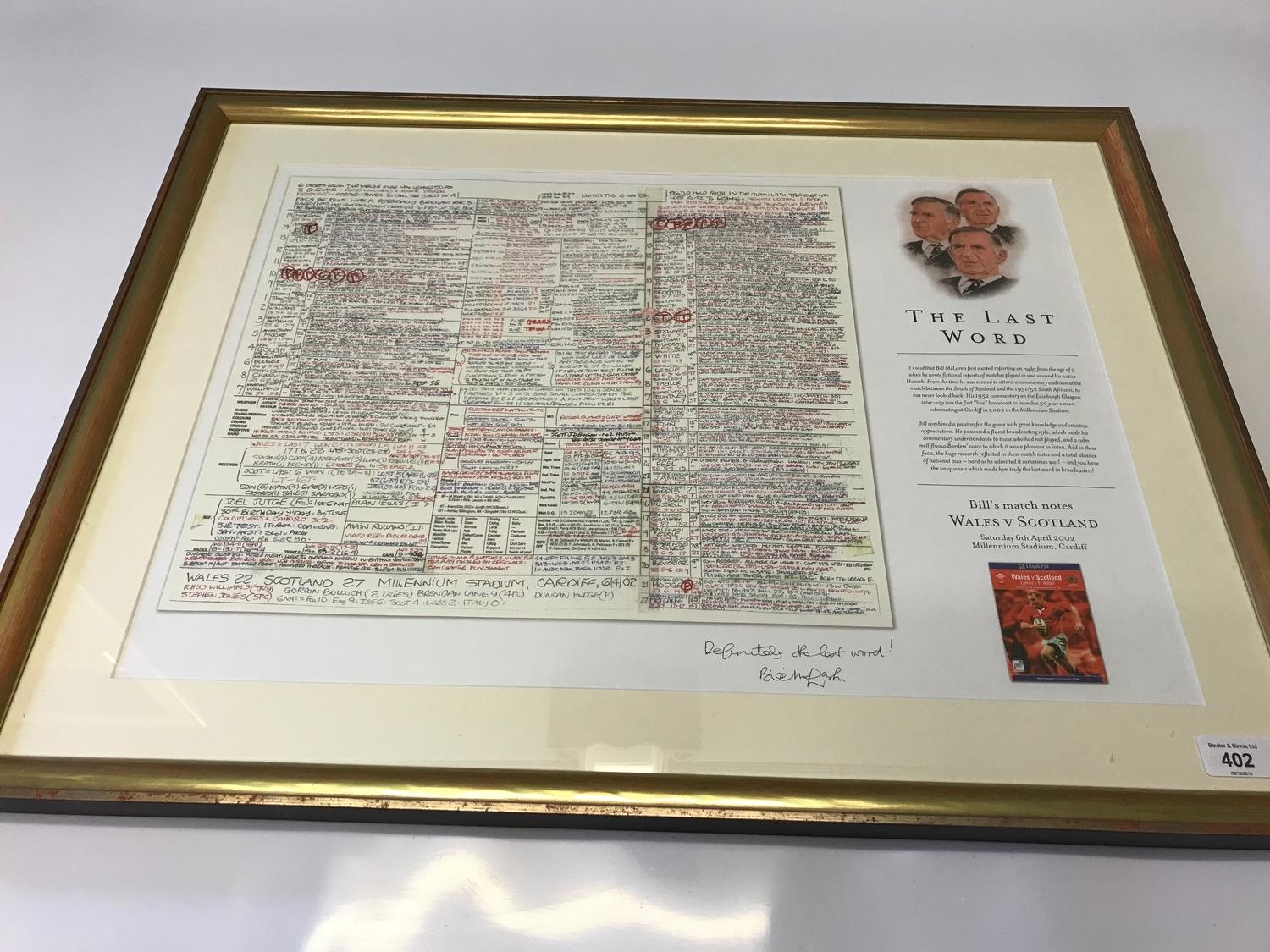 The last word framed print. Bill's match notes WALES V SCOTLAND. Measures 55x72cm