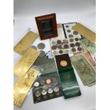 A Collection of pre decimal coins, 24ct gold plated bank notes, Medals and various bank notes