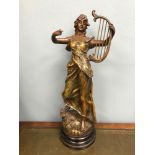 Large cold painted Bronze Spelter lady figurine displayed on a wooden plinth.