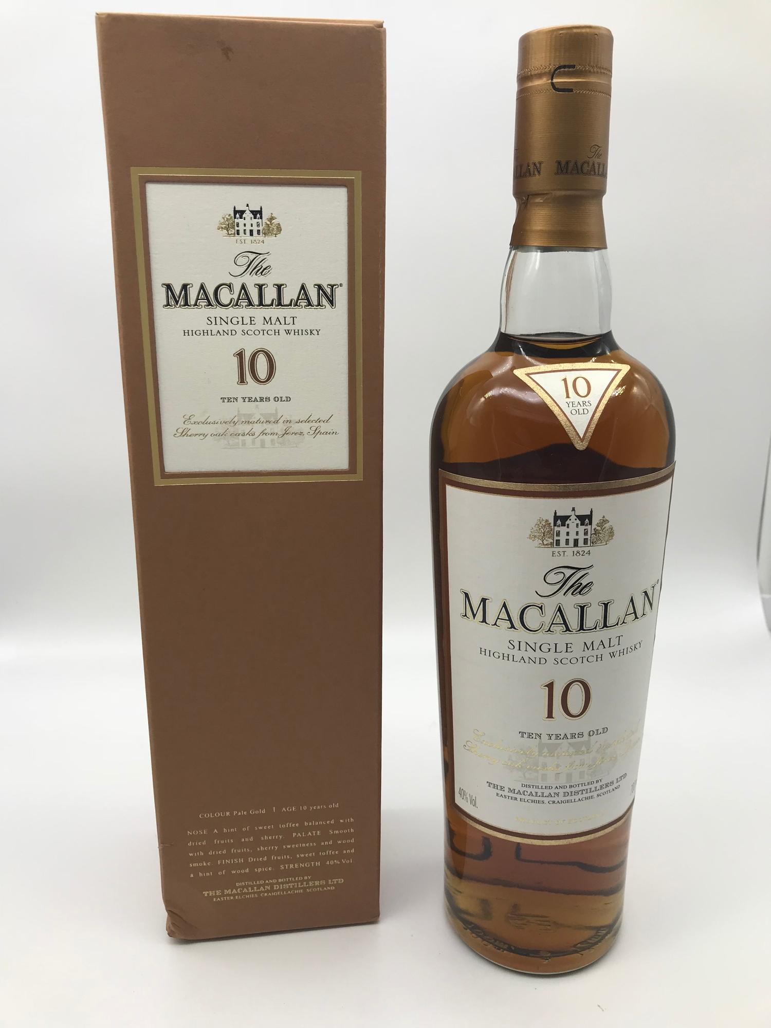The Macallan 10 year old single malt Highland Scotch Whisky, Exclusively matured in selected