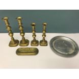 Victorian pen tray, 2 Pairs of Victorian brass candle sticks and Wilton Columbia RWP Pewter plate