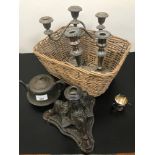 A Basket of Silver plated candle sticks, Bronze base and tea pot etc