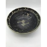 Irma Demianczuk studio pottery bowl completed in a cat & fish design, dated 1986, 26cm in diameter