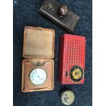 Antique travel clock, Small hand held radio, Desk blotter and Ink well insert.