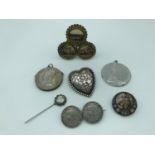 A mixed lot of various vintage trinkets to include adapted coins and three framed Edinburgh