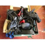 Large box of motor items to include Honda steering wheel, motor horns and other parts.