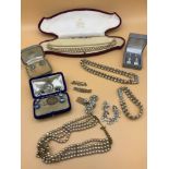 A Lot of pearl and diamonte jewellery which includes Birmingham silver and pearl necklace, Silver