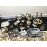 A Large collection of Silver plated & Ep items, Includes Tea, coffee, sugar & creams, serving plates