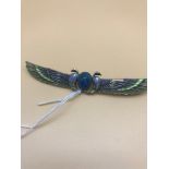 A 1920s real silver Egyptian revival scarab beetle winged brooch, Featured with Enamelled wings