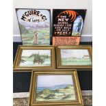 A lot of 2 Reproduction metal golfing signs, together with 3 Golf course prints, "St Andrews,