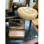 A vintage button topped stool, together with a shaving mirror