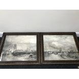 2 Old etching prints showing nautical boat scenes.