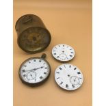French drum clock, pocket watch and two pocket watch workings no cases. One is an Omega serial