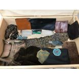 A St Andrews Wine crate filled with Art Deco & Nouveau purses, belts and manicure set, also includes