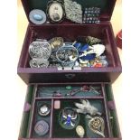 A Victorian jewellery box filled with vintage jewellery, silver and filigree brooches, Birmingham