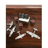 Vintage lead monkey figures, Lead table and chairs & 3 Dinky spitfire models