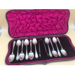 A Set of London silver tea spoons & sugar tongs, Comes with a fitted pink velvet interior case.