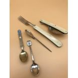 A Lot of 3 Silver hall marked spoons, Together with 2 Military style folding spoon and fork.