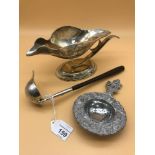 A silver plated bird design gravy boat, Dutch white metal tea strainer & Continental silver ladle