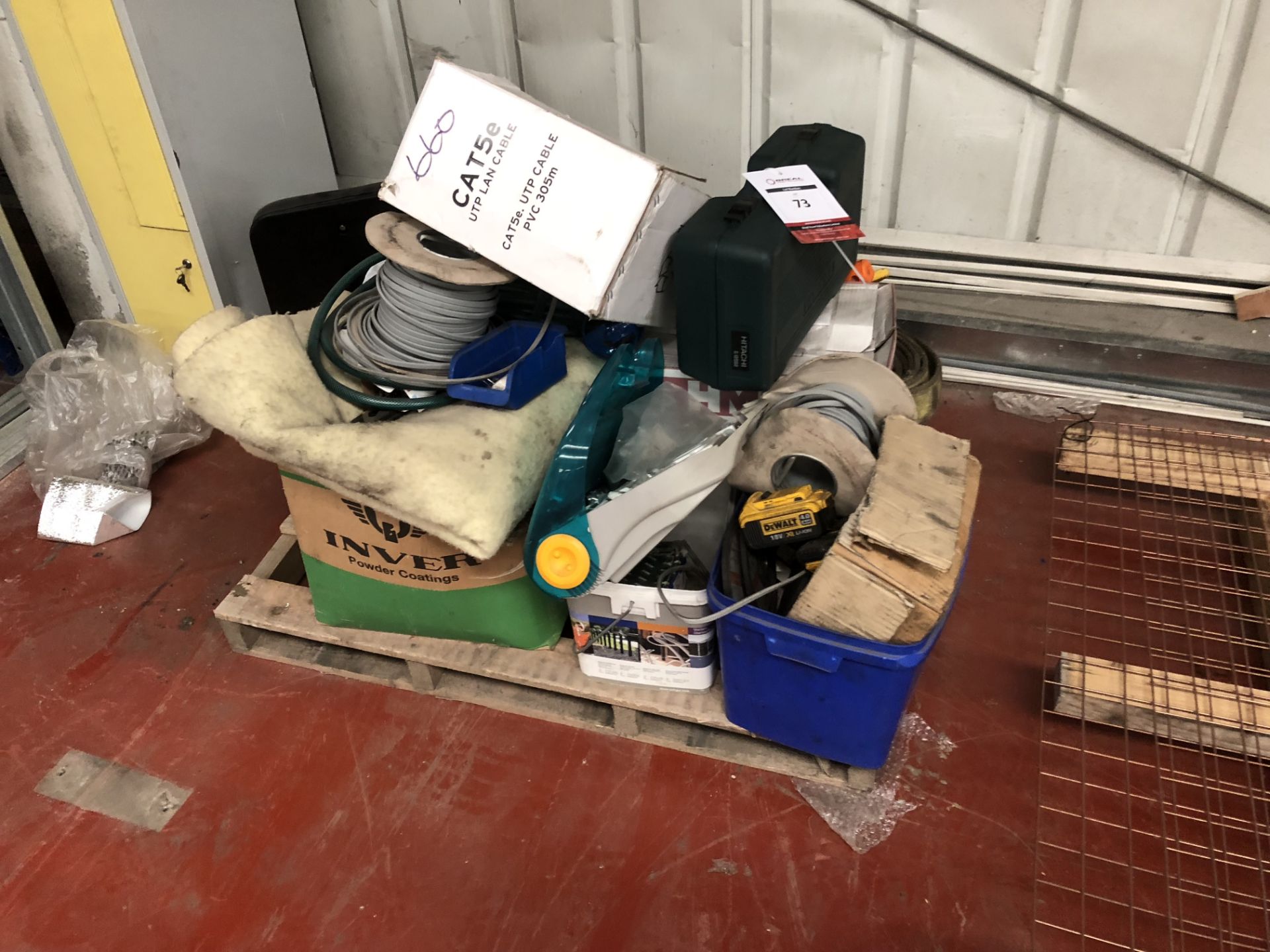 Pallet and Contents of Various Tools, Cable, Site Lamp, Strap and Power Planer etc.