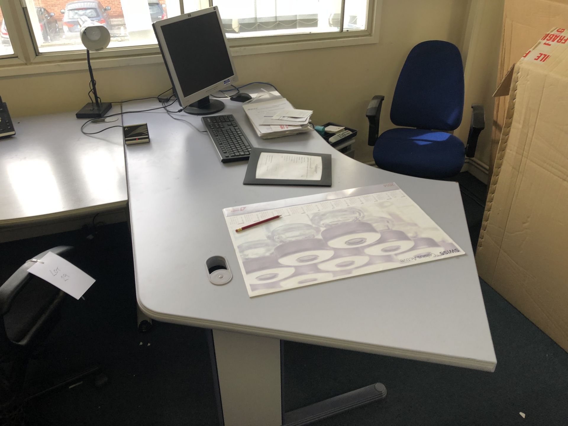 contents of office inc. 2 x grey formica desks; 2 x swivel chairs