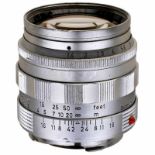 Summilux 1,4/50 mm, 1959 Leitz, Wetzlar. Nr. 1660148, Chrom, grob gezackt. Einige kleine Dellen,