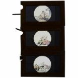 3 Laterna-Magica-Hebelbilder mit erotischen Szenen Szenen aus der Zeit 1750-1800, Replikas, gerahmt,