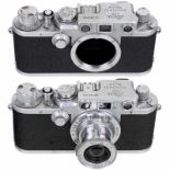 2 x Leica IIIf Leitz, Wetzlar. 1) Leica IIIc, hochgerüstet auf IIIf, Nr. 484794, 1949. "Sharkskin"-
