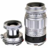 Elmar 2,8/50 mm und Elmarit 2,8/90 mm Leitz, Wetzlar. 1) Elmar 2,8/50 mm, Nr. 1935014, 1962.