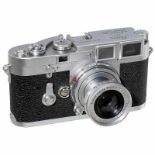 Leica M3 mit Elmar 2,8/5 cm, 1955 Leitz, Wetzlar. M3-733840, Doppelschwungaufzug, Chrom, 2 rote