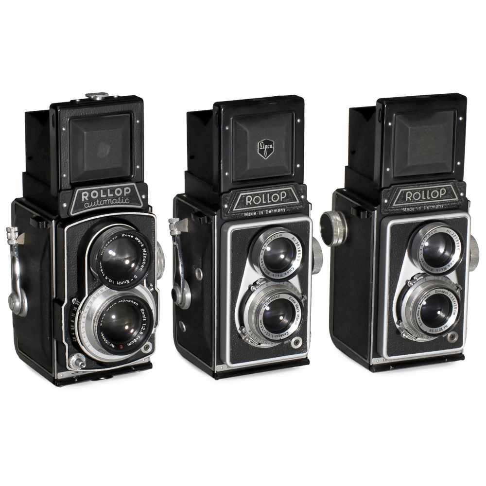 3 Rollop Cameras Lippische Camerafabrik, Barntrup. 1) Rollop I, 1954, no. 61349, 6 x 6 cm, Ennagon