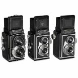 3 Rollop Cameras Lippische Camerafabrik, Barntrup. 1) Rollop I, 1954, no. 61349, 6 x 6 cm, Ennagon