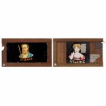 2 Single Rackwork Slides "Silence", c. 1870-80 Wood frame, size 4 x 7 in., moving eyes, hand-