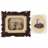 2 Hand-Tinted Salt Print Pictures, c. 1860 1) Salt print 7 4/5 x 10 in., portrait of a young lady,