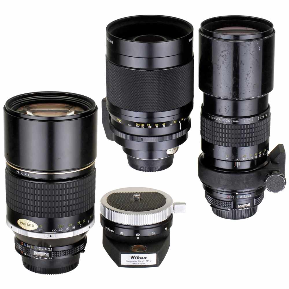 Nikkor ED 2,8/180 mm, Nikkor 4,5/300 mm and Reflex-Nikkor C 8/500 mm Nikon, Japan. 1) Nikkor ED 2,