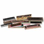 5 Boxes with Magic Lantern Panoramic Slides, c. 1830-1900 More than 100 lantern glass strips with