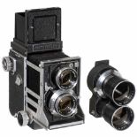Mamiyaflex C2 with 2 Lenses, 1958 Mamiya, Japan. TLR 6 x 6 cm, with 2 interchangeable lenses: