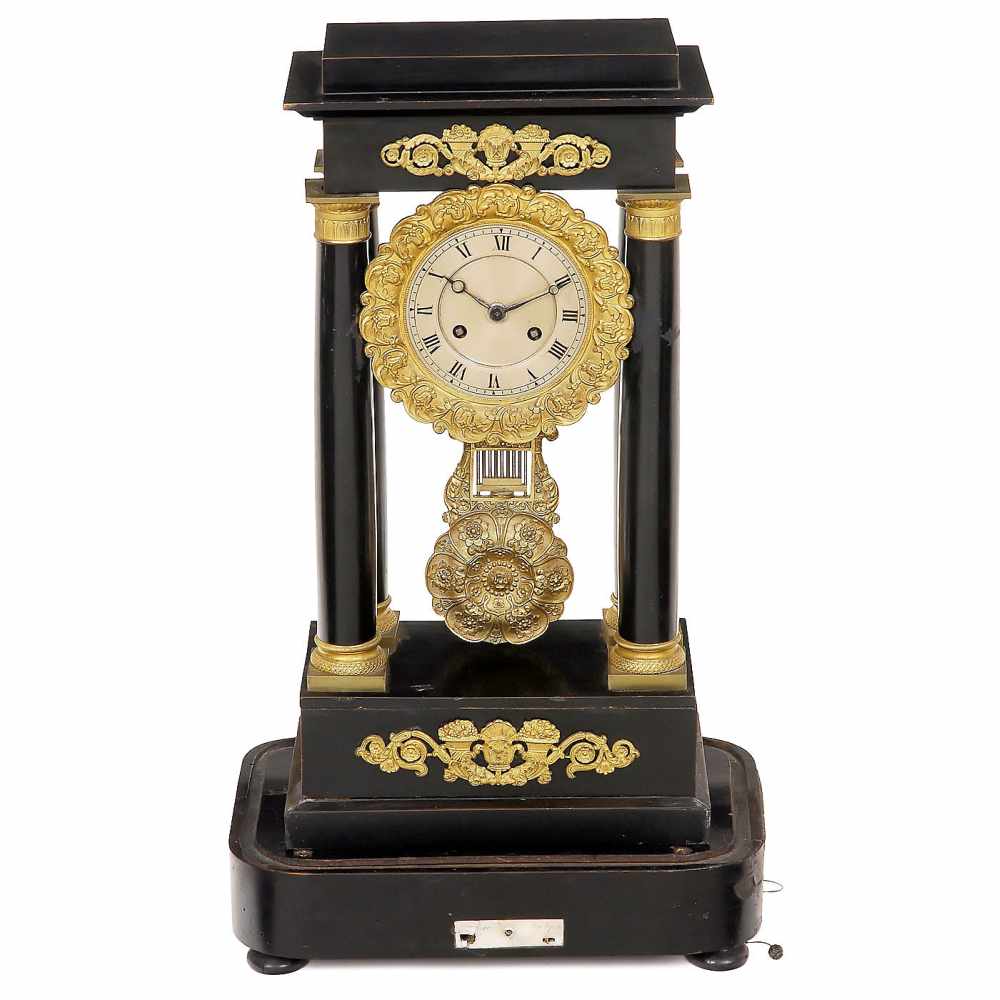 Musical Portico Clock by Blant, c. 1855Paris, with 4-inch silvered Roman dial, two-train movement