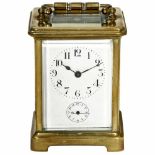 French Travel Alarm Clock, c. 1915For the English market, brass housing, 5 beveled-glass sides,