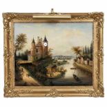 Picture Clock, c. 1850Oil on canvas, castle in river landscape, two-train movement, hour strike on