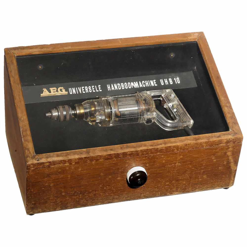 Demonstration Model AEG Hand Drill, c. 1950Model UHB10, transparent plastic body, bakelite, in oak