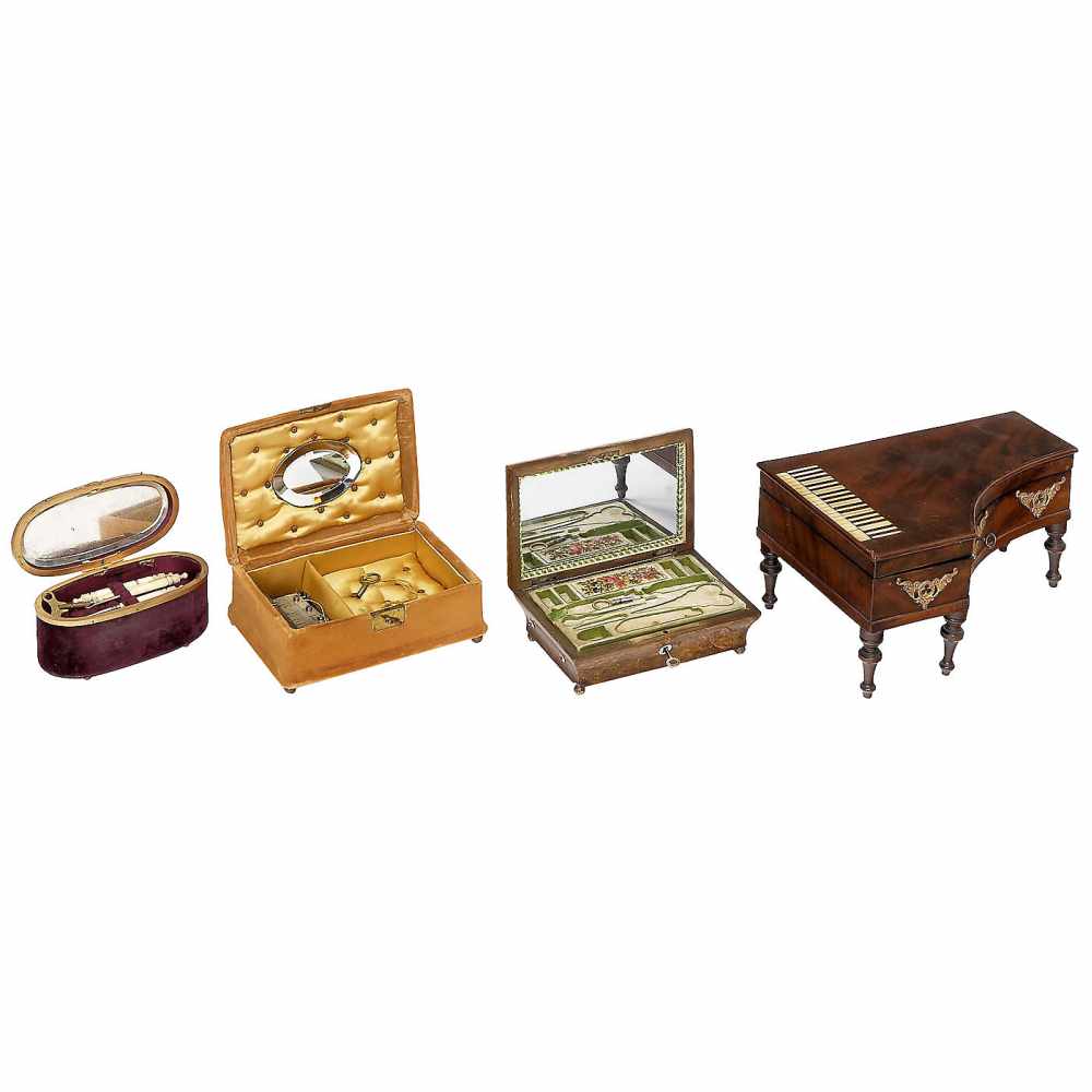 4 Musical Sewing and Jewelry Boxes, 19th Century1) Piano-form necessaire with two-air movement