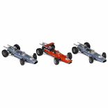 3 Schuco Racing Cars, Scale 1:16, c. 19701) No. 1072, BMW, Formula 2, working. - 2) No. 1073,