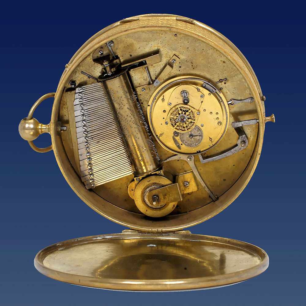 Unusual Musical 'Carriage Watch', c. 1820With 4-inch (10 cm) enameled Roman dial with Arabic - Image 2 of 2
